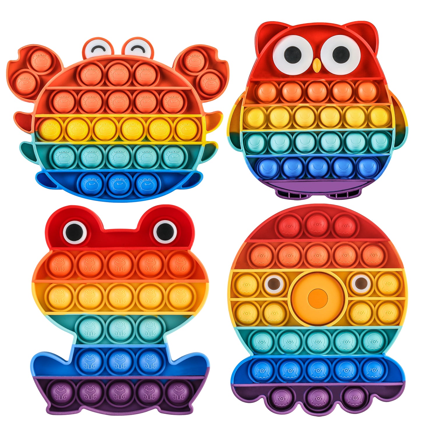 Poppet Fidget Toy Set Push Pop Bubble Sensory Popper Fidget Toy Silicone Rainbow Autism Special Needs Stress Reliever Anxiety Relief Toys Kids Adults(4 Pack Owl,Frog,Crab,Octopus )