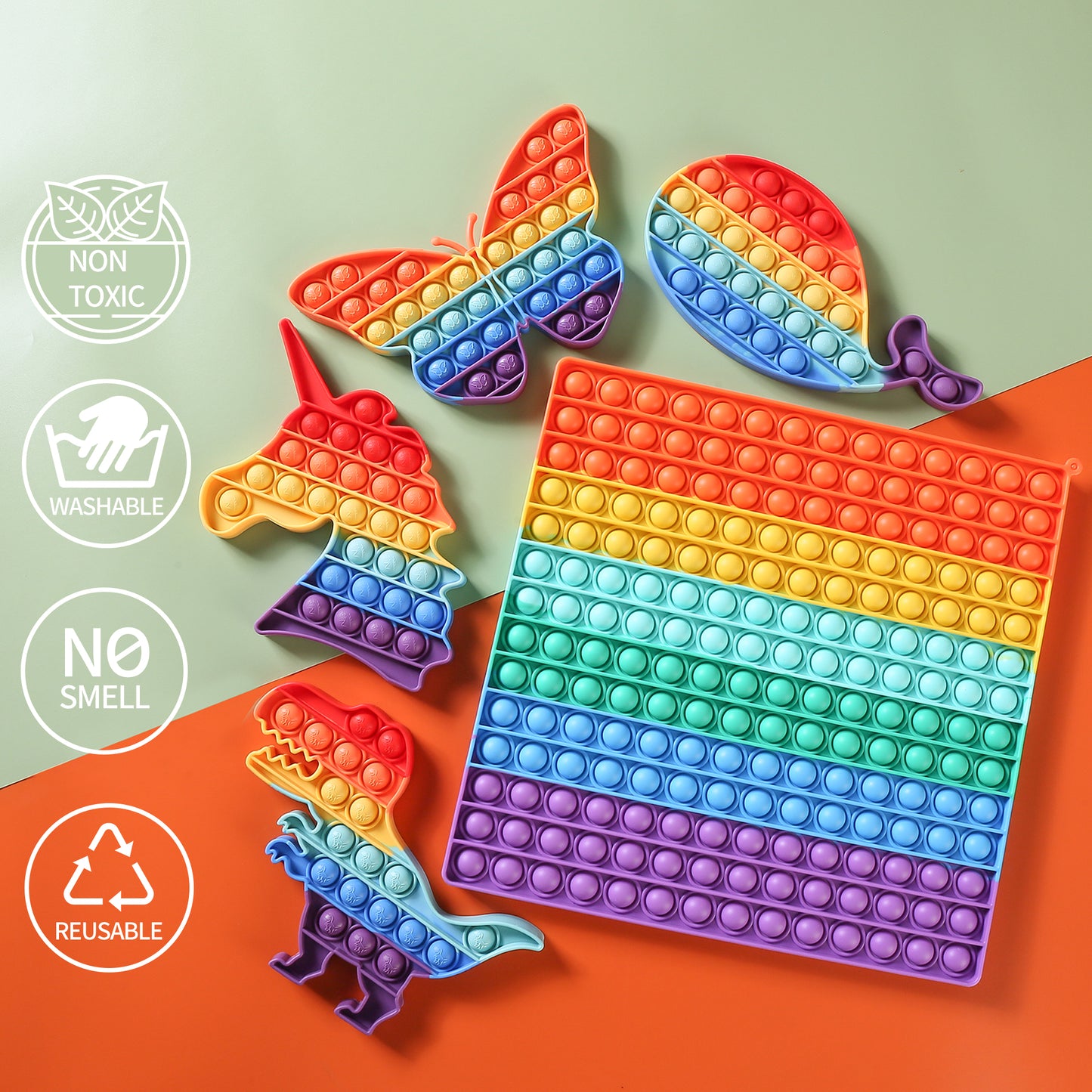 Poppet Giant Push Pop Bubble Sensory Fidget Toy Huge 30*30cm Silicone Rainbow set Stress Anxiety Relief Autism Squeeze Toy Kids Adults(5 Pack Big Square,Unicorn,Butterfly,Dinosaur,Whale)