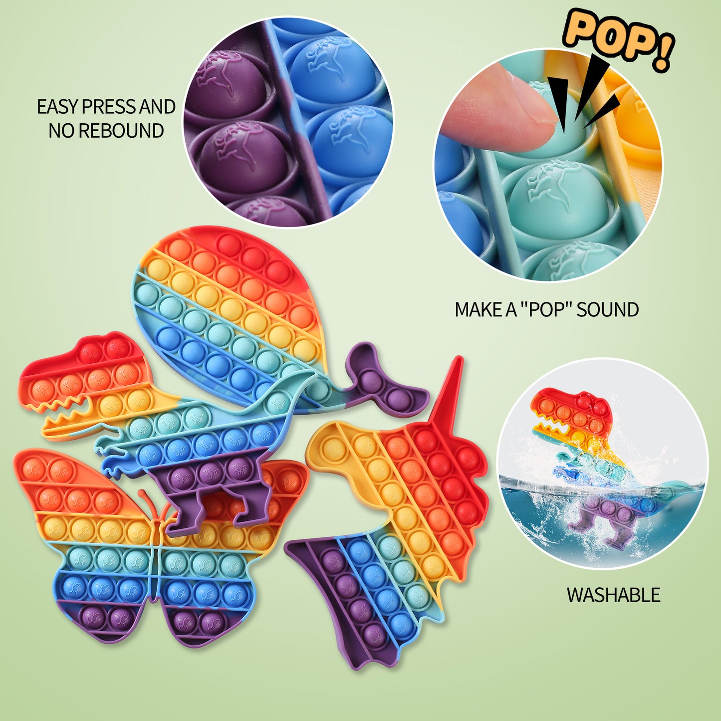 Poppet Giant Push Pop Bubble Sensory Fidget Toy Huge 30*30cm Silicone Rainbow set Stress Anxiety Relief Autism Squeeze Toy Kids Adults(5 Pack Big Square,Unicorn,Butterfly,Dinosaur,Whale)
