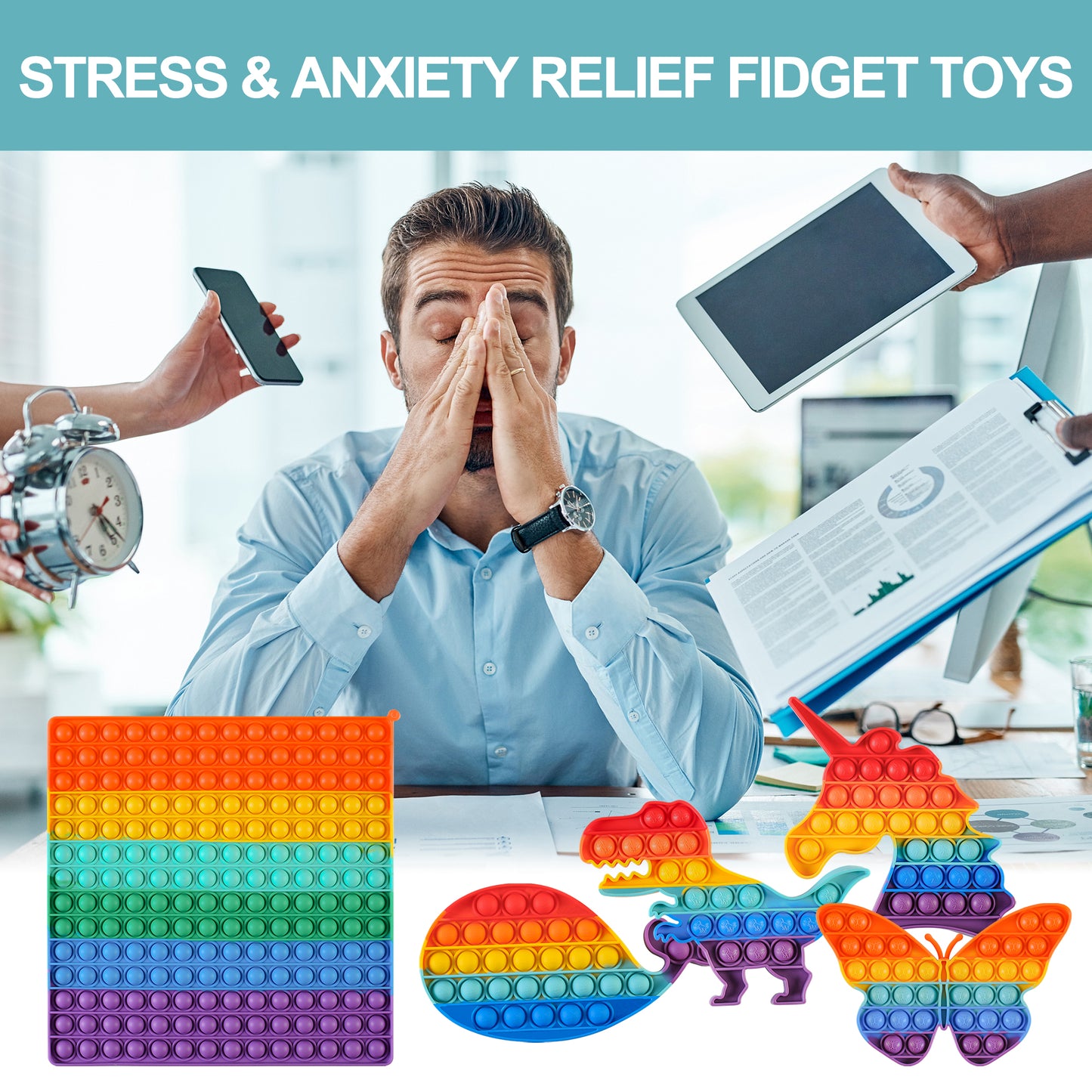 Poppet Giant Push Pop Bubble Sensory Fidget Toy Huge 30*30cm Silicone Rainbow set Stress Anxiety Relief Autism Squeeze Toy Kids Adults(5 Pack Big Square,Unicorn,Butterfly,Dinosaur,Whale)