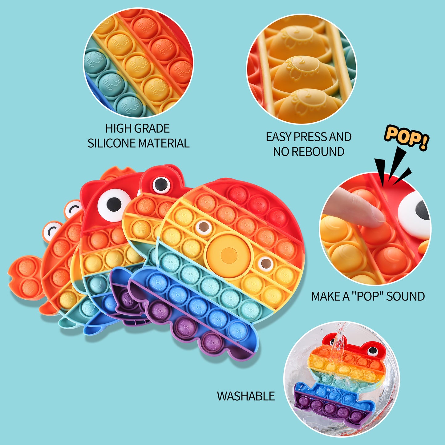 Poppet Fidget Toy Set Push Pop Bubble Sensory Popper Fidget Toy Silicone Rainbow Autism Special Needs Stress Reliever Anxiety Relief Toys Kids Adults(4 Pack Owl,Frog,Crab,Octopus )