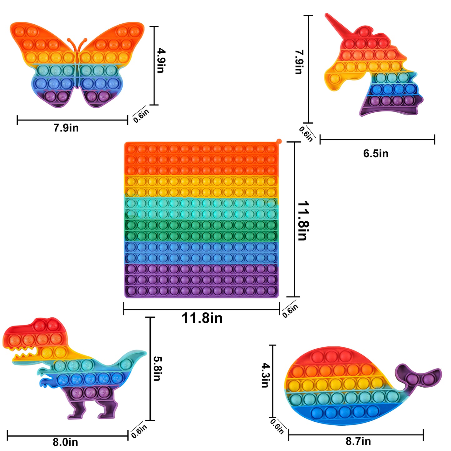 Poppet Giant Push Pop Bubble Sensory Fidget Toy Huge 30*30cm Silicone Rainbow set Stress Anxiety Relief Autism Squeeze Toy Kids Adults(5 Pack Big Square,Unicorn,Butterfly,Dinosaur,Whale)