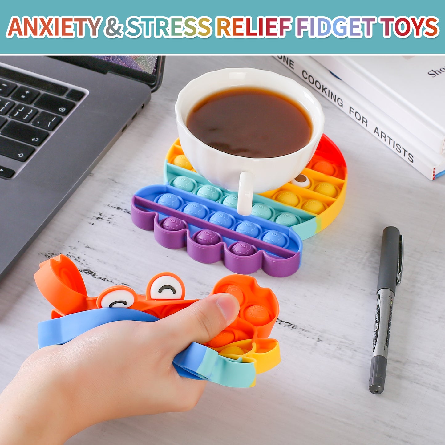Poppet Fidget Toy Set Push Pop Bubble Sensory Popper Fidget Toy Silicone Rainbow Autism Special Needs Stress Reliever Anxiety Relief Toys Kids Adults(4 Pack Owl,Frog,Crab,Octopus )