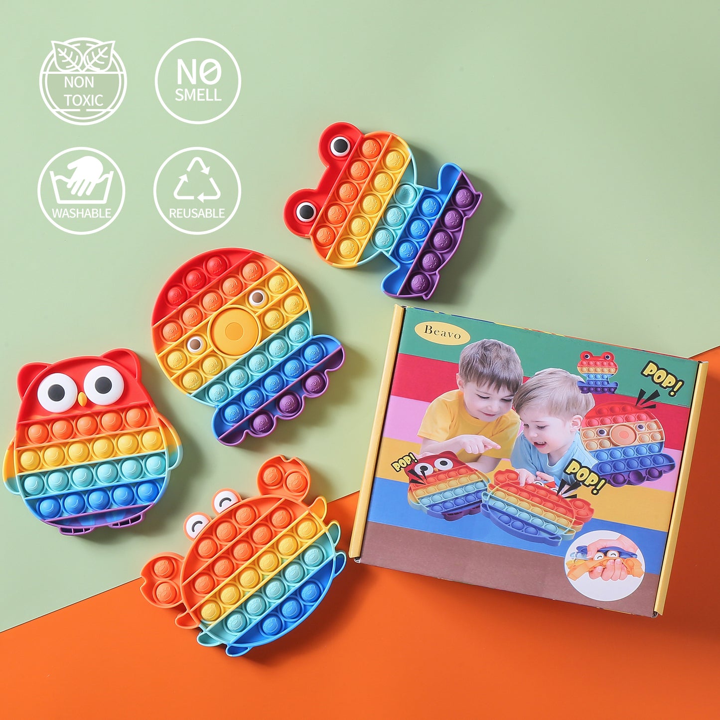 Poppet Fidget Toy Set Push Pop Bubble Sensory Popper Fidget Toy Silicone Rainbow Autism Special Needs Stress Reliever Anxiety Relief Toys Kids Adults(4 Pack Owl,Frog,Crab,Octopus )